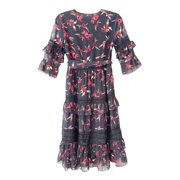 O.P.T Size M Floral Tiered Midi Dress Ruffle Sleeves Crochet Lace Flowy Formal - Picture 8 of 10